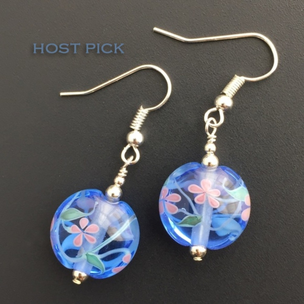 ·HP!· Floating Flower Blown Glass Earrings Blue - Picture 1 of 6